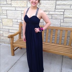 Reduced price!  Prom dress, navy blue, with beading and sequins